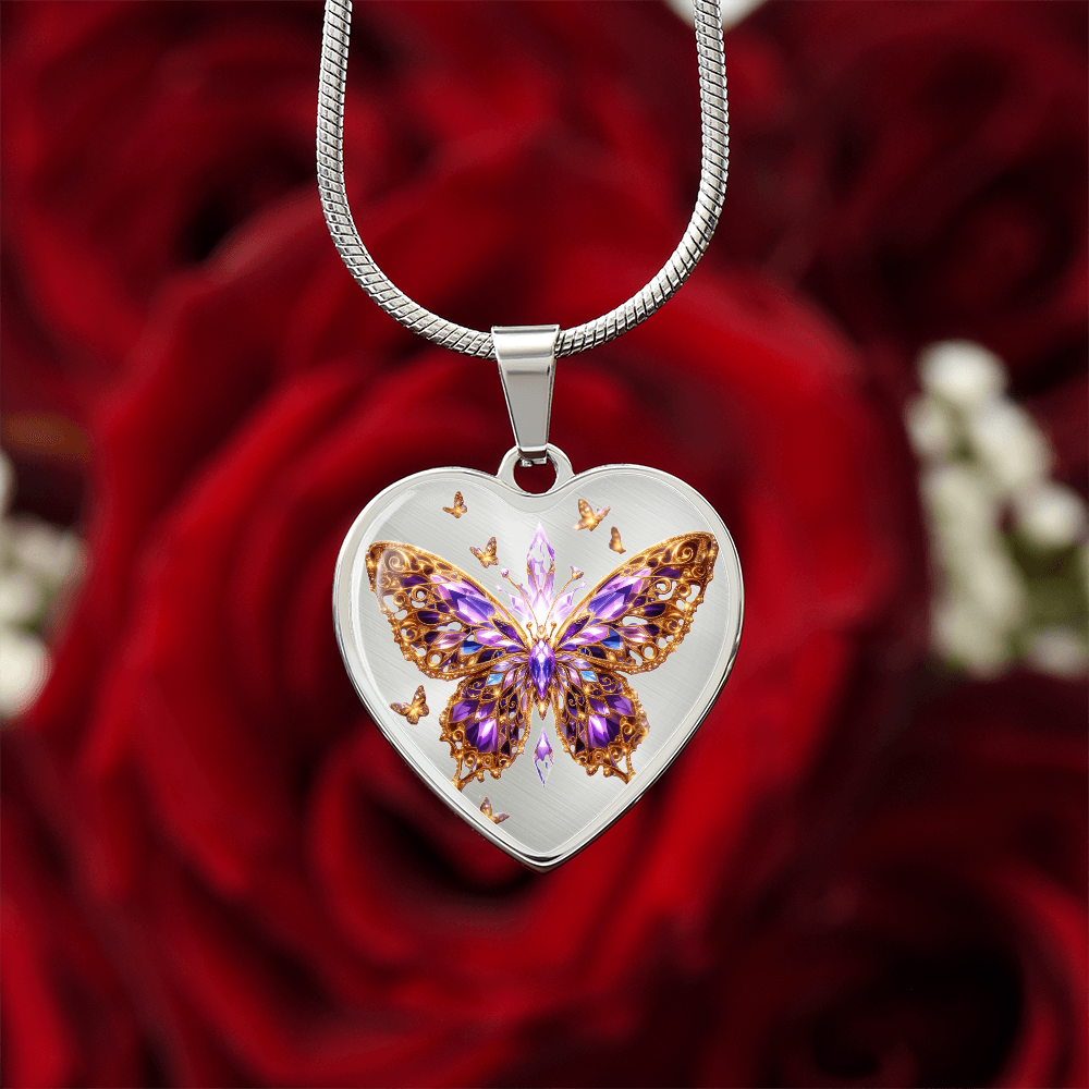 Crystal Purple Butterfly Heart Shaped Necklace with Engraving