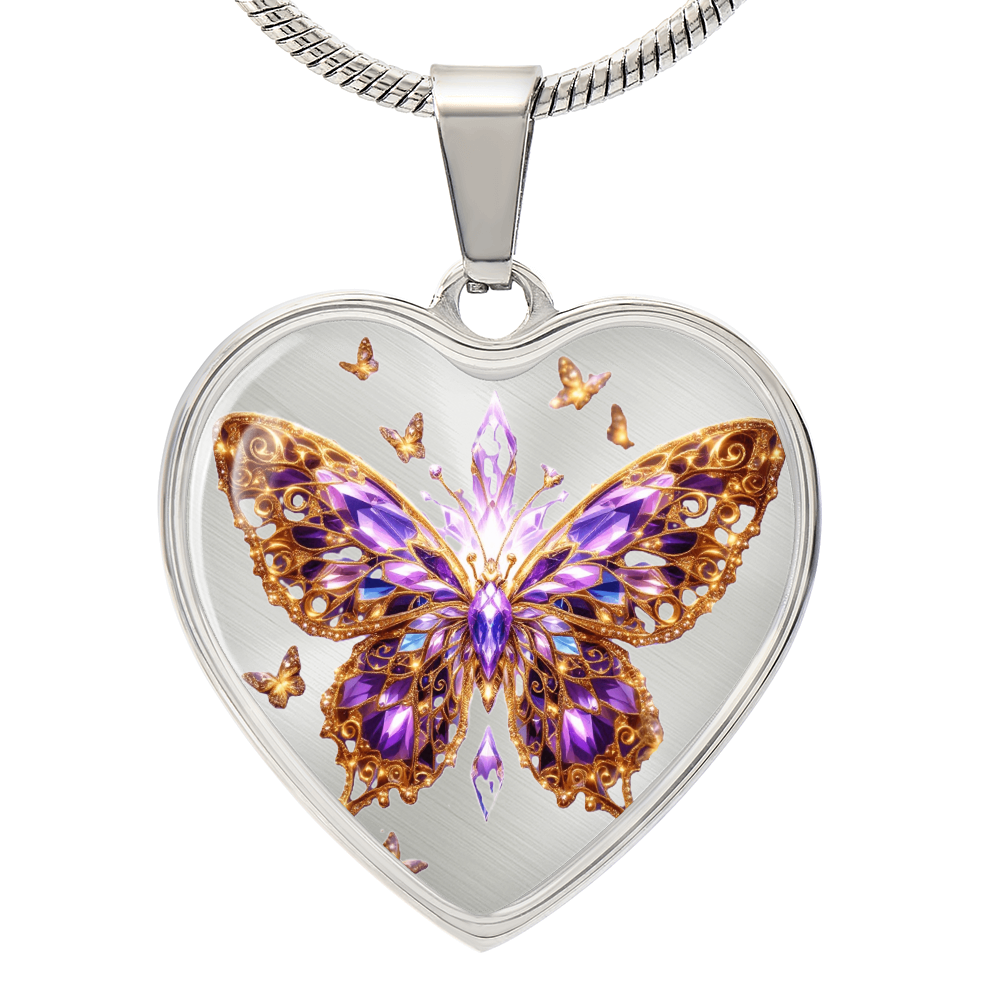 Crystal Purple Butterfly Heart Shaped Necklace with Engraving
