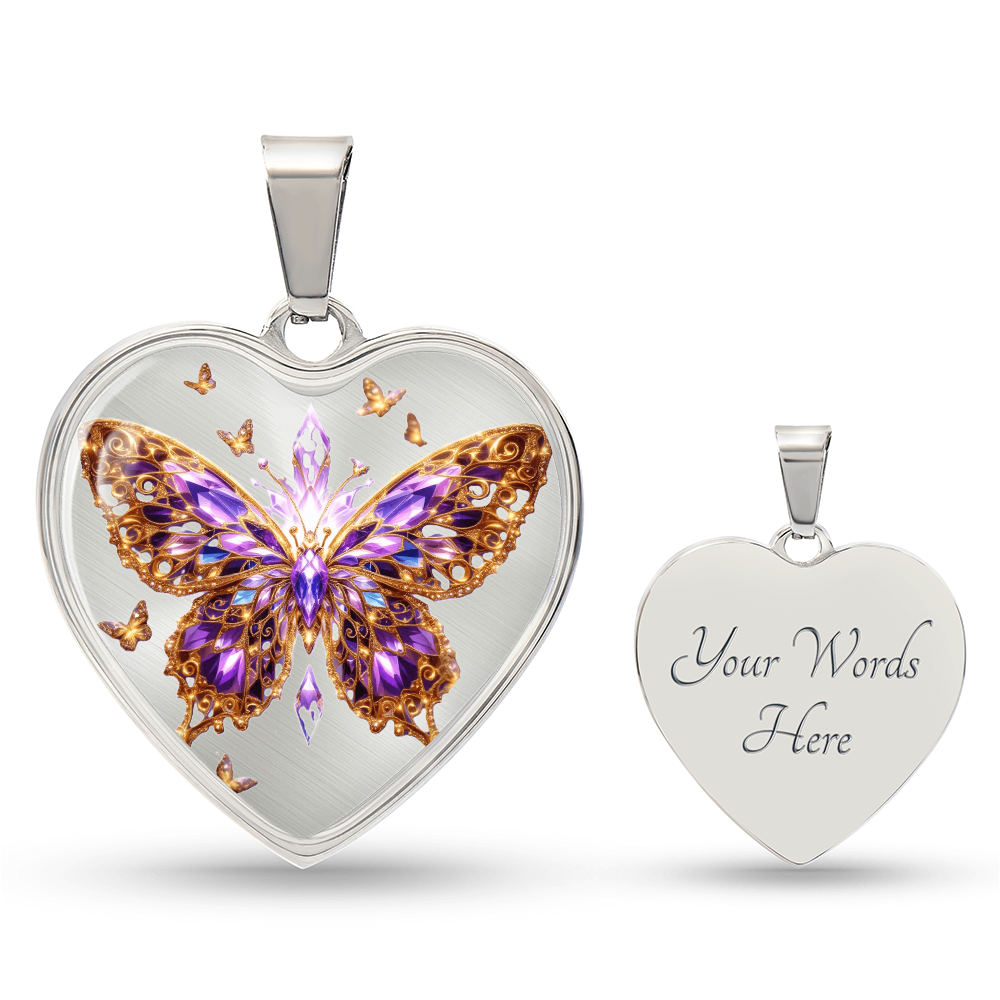Crystal Purple Butterfly Heart Shaped Necklace with Engraving
