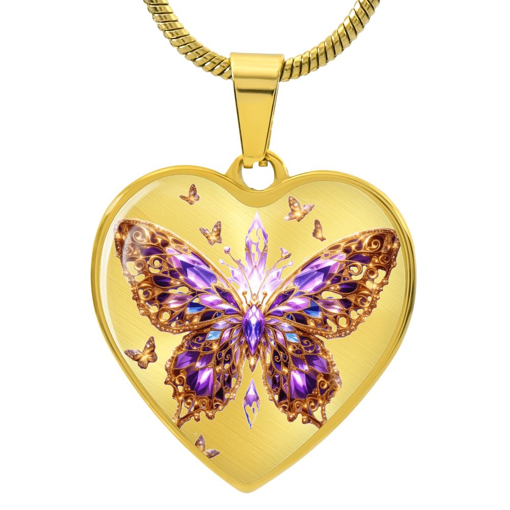 Crystal Purple Butterfly Heart Shaped Necklace with Engraving