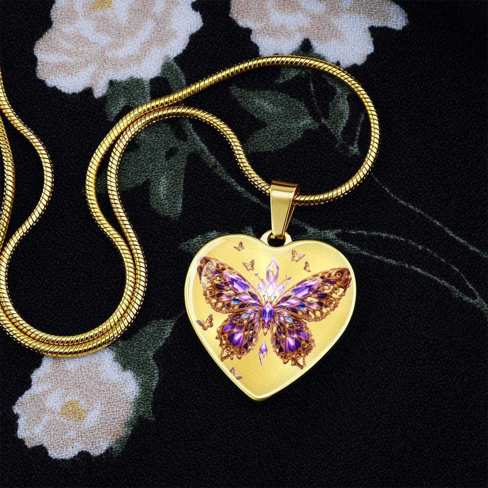 Crystal Purple Butterfly Heart Shaped Necklace with Engraving