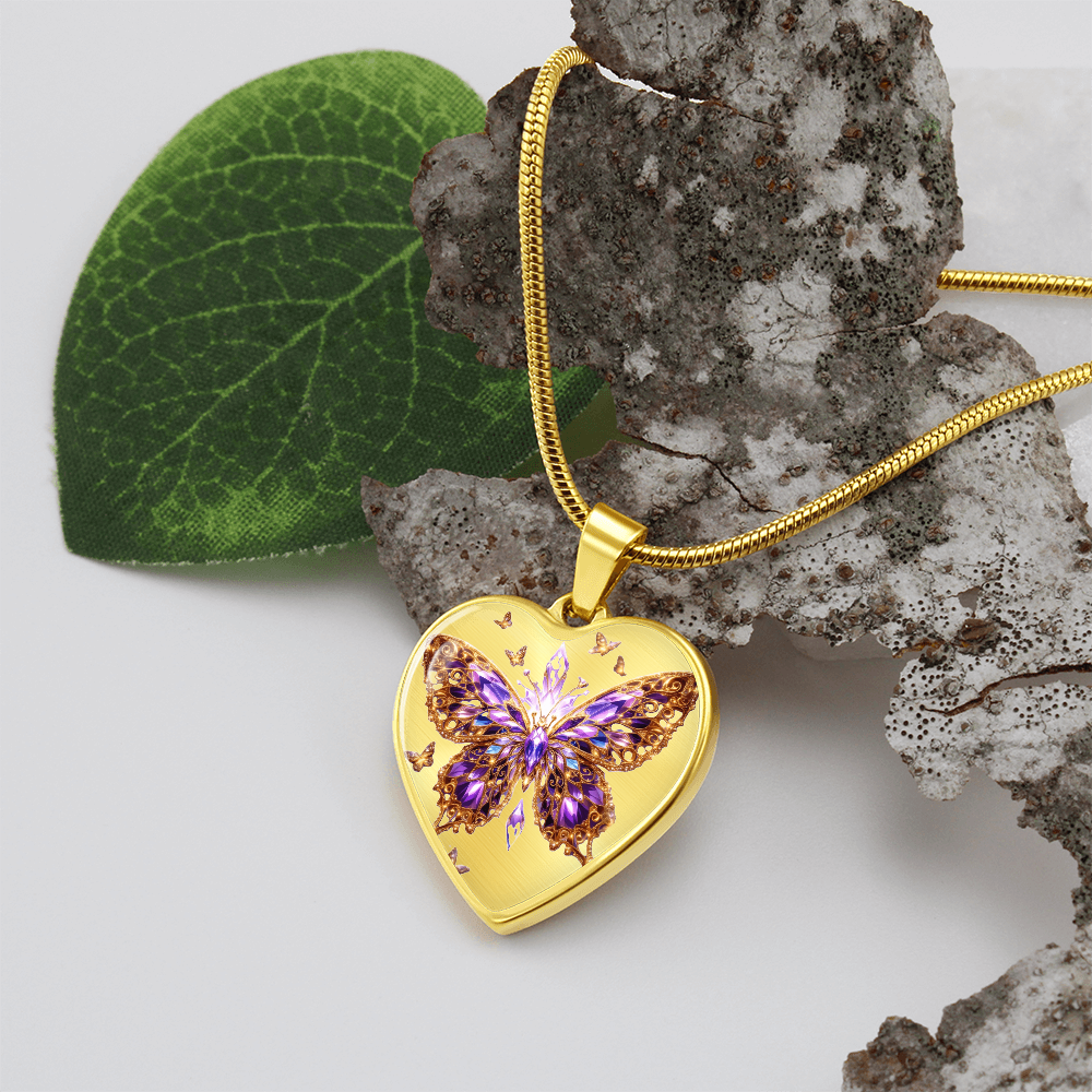Crystal Purple Butterfly Heart Shaped Necklace with Engraving
